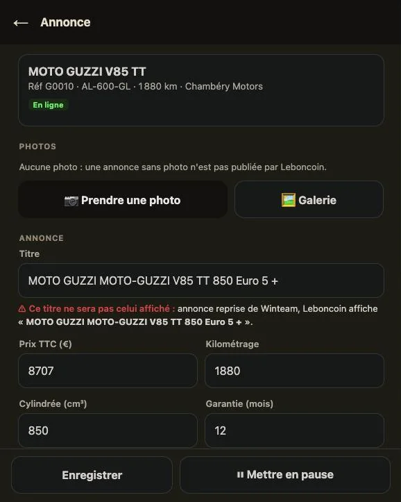 Fiche d'annonce Leboncoin sur mobile : photos, titre vérifié, prix et kilométrage