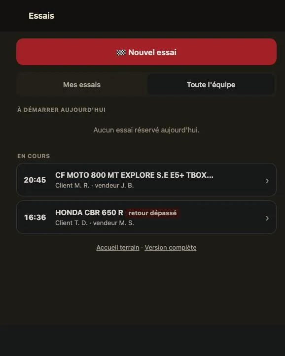 Liste des essais en cours, dont un retour dépassé signalé
