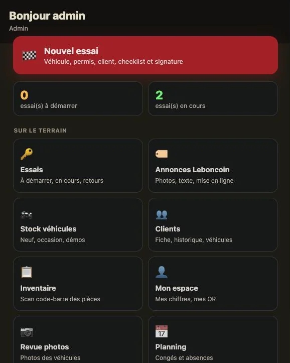 Accueil de l'application mobile : bouton Nouvel essai, essais en cours et raccourcis